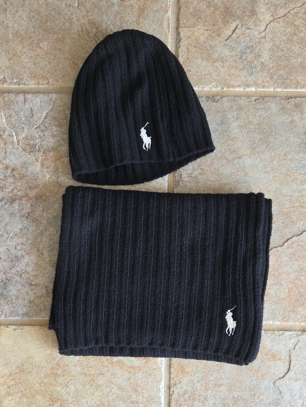 Ralph Lauren Black Ribbed Knit Beanie & Scarf Set with White Polo Logo Lambswool